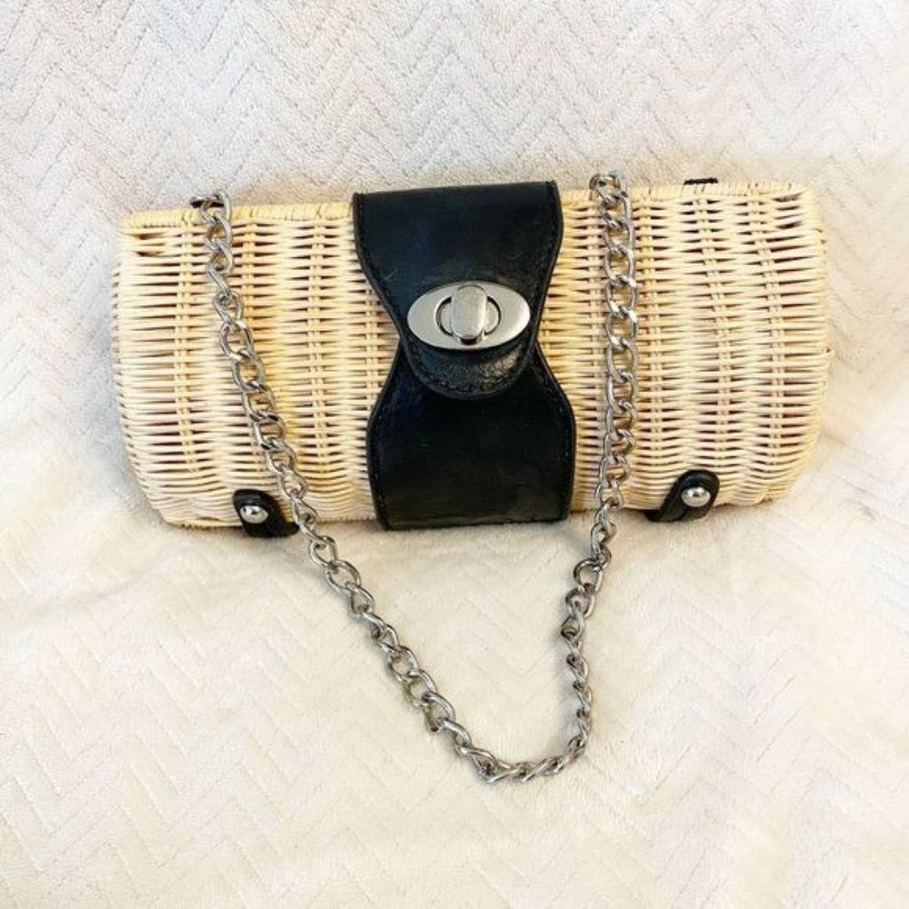 ✨️Women's Tan Wicker Mini Purse Faux Leather Trim Structured Hand Clutch Bag✨️